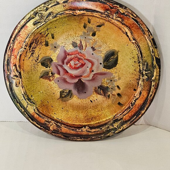 Antique Goofus Glass Dish With Rose Hand Painted Motif Reverse Painted Gold - Picture 4 of 8
